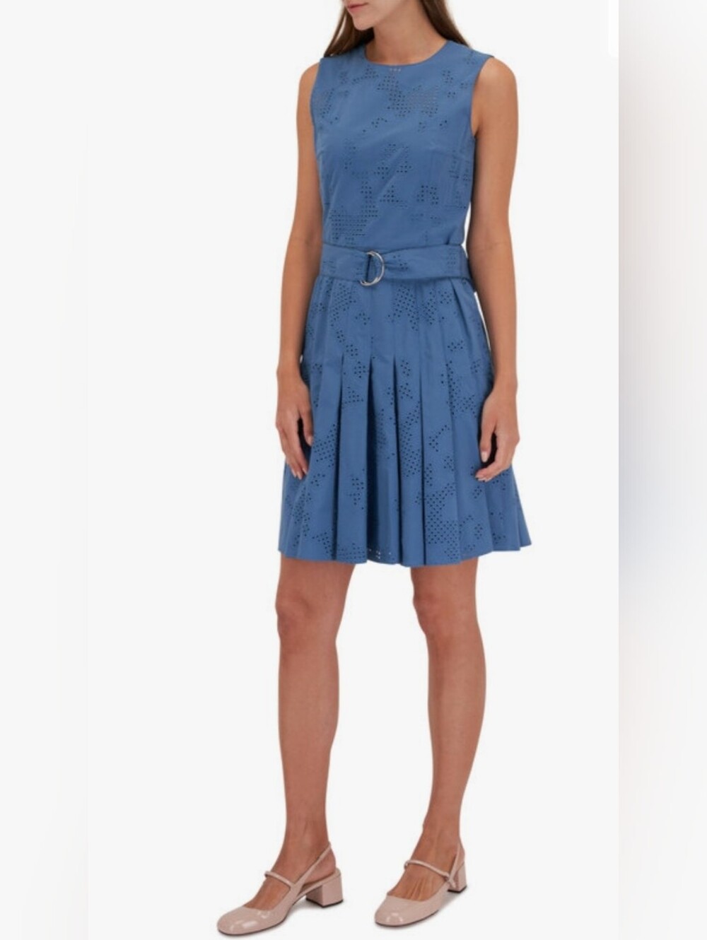 Akris‎ Punto Denim blue cotton Kaleidoscope Eyelet Belted Dress. Size 8